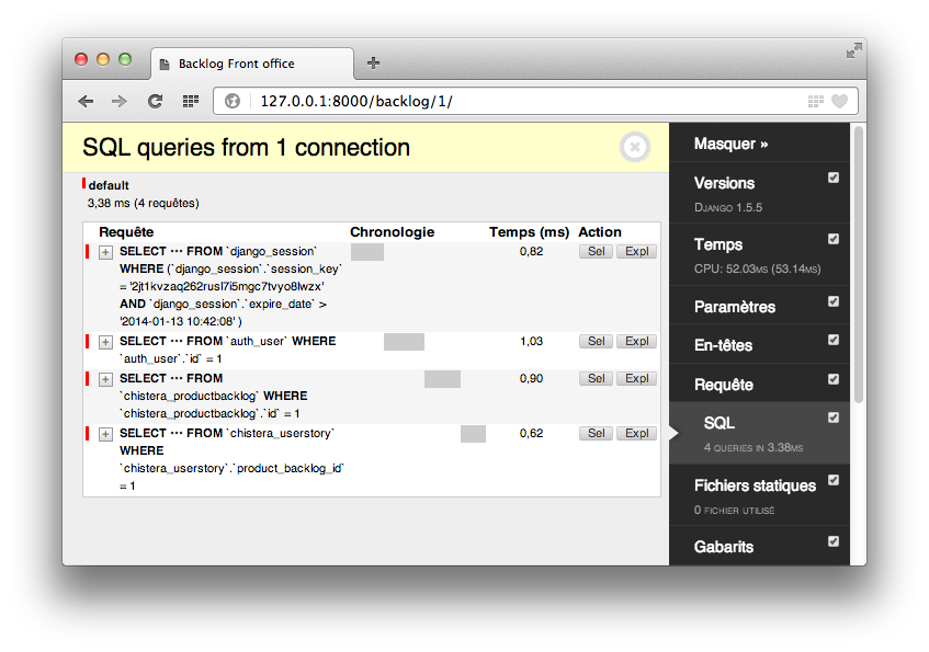 Écran backlog avec Debug Toolbar : requêtes SQL