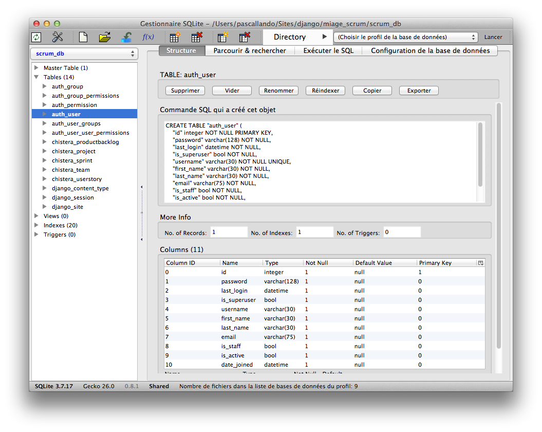 Base de données SQLite application Django