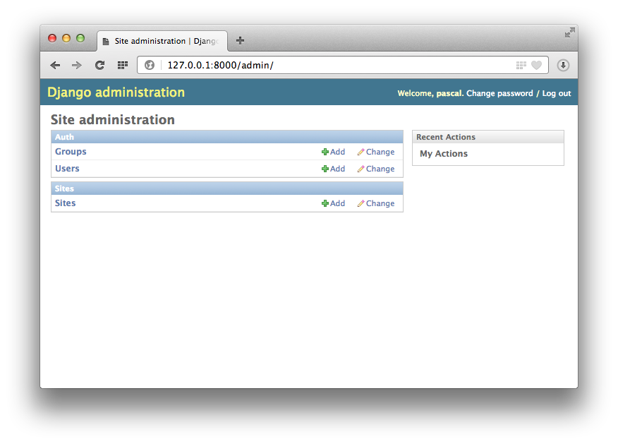 Écran d'accueil de l'interface de scaffolgind Django